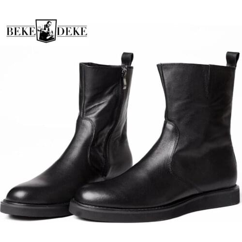 Italian Brand Mens Punk Mid Calf Boots Luxury Genuine Leather Boots Fashion Rock Platform Flats Motor Biker Male Shoes
