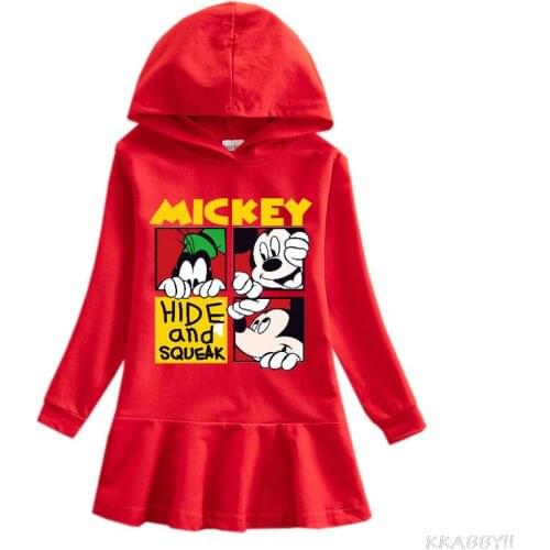 Disney Mickey Spring Autumn prncess Girls Hooded Dress Cartoon Baby Cotton Long Sleeve Casual Dress