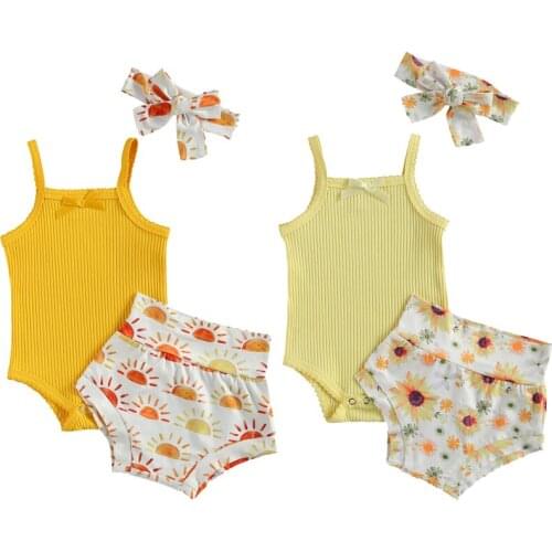 Baby Summer Clothing 3Pcs Infant Kids Baby Girls Outfit Sleeveless Bodysuit+Flowers Shorts+Bow Headwear Sets