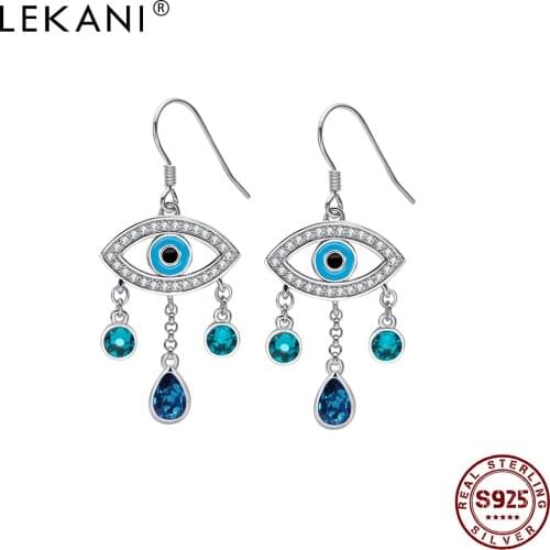 LEKANI 925 Sterling Silver Demon Eye Water Drop Earrings For Women Blue Austria Crystal Romantic Anniversary Gift Hot Sale