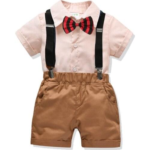 Baby Boy Gentleman Summer Clothes Boys Tops + Straps Shorts + Bow Tie Kids Gentleman Clothes Sets Wedding Birthday Party Suit