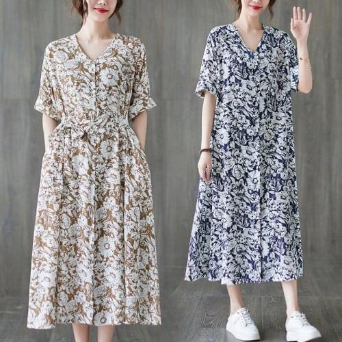 Trendy Floral Shirt Dress Women 2021 Summer Short Sleeve Retro V-Neck Casual Loose Long Dress Female Vestidos Tunic Tops zh801
