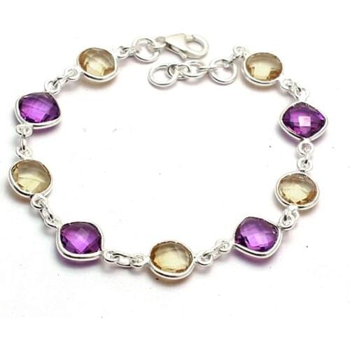 Genuine Amethyst + Citrine Bracelet 925 Sterling Silver, 19.5 cm, GRP0260