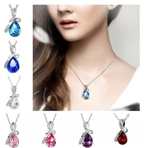 Top Quality Silver 925 Necklace Girl Choker Accessories Bright Crystal Pink Water Drop Pendant Women Choker Necklace Female Gift