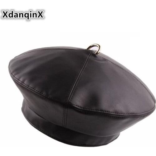 XdanqinX Autumn Winter Womens Hat PU Leather Metal Ring Beret Caps New Solid Wild Retro Fashion Pumpkin Painter Hats For Women