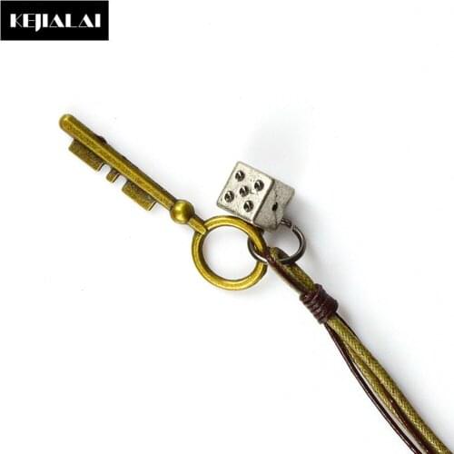 Genuine Leather Necklace Punk Style Vintage Key and Dice Pendant Necklace for Men Women Leather Rope Long Chain Fashion Jewelry