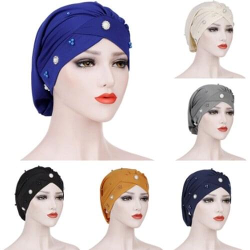 Women Solid Beading India Hat Muslim Ruffle Cancer Chemo Beanie Turban Wrap Cap