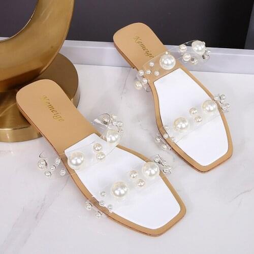New PVC Transparent Pearl Women Slippers Summer Square Head Fashion Sexy Slides Ladies Party Flat Sandals Casual Shoes Size 42