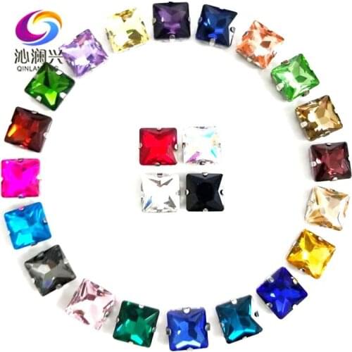 Mix color square shape top quality Glass Crystal sew on stones with hole, silver bottom claw rhinestone,Diy/Clothing accessories