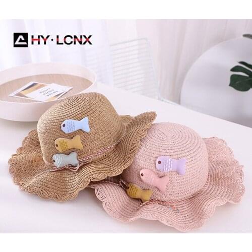 Summer new girl beach straw hat children cute fish decoration breathable bucket hat boy wave side monochrome Panama hat