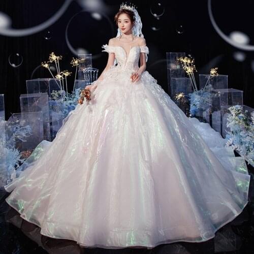 Vestido De Noiva 2021 New Boat Neck Wedding Dress With Train Lace Up Ball Gown Off The Shoulder Robe Mariee Plus Size