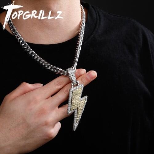 TOPGRILLZ Large Lightning Bolt Pendant Necklace High Quality Bling Iced Out CZ Hip Hop Personalised Jewelry Gift For Men