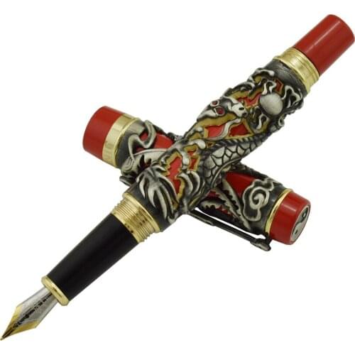 Jinhao Dragon Phoenix Vintage Luxurious Fountain Pen, Metal Carving Embossing Heavy Pen, Noble Gray & Red for Office School