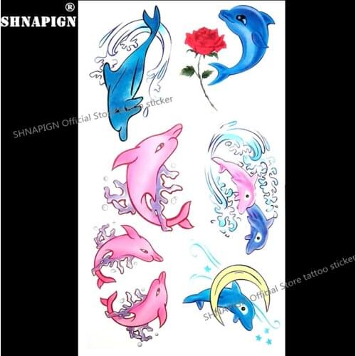 SHNAPIGN Blue Pink Dolphin Temporary Tattoo Body Art Arm Flash Tattoo Stickers 17*10cm Waterproof Fake Henna Painless Sticker