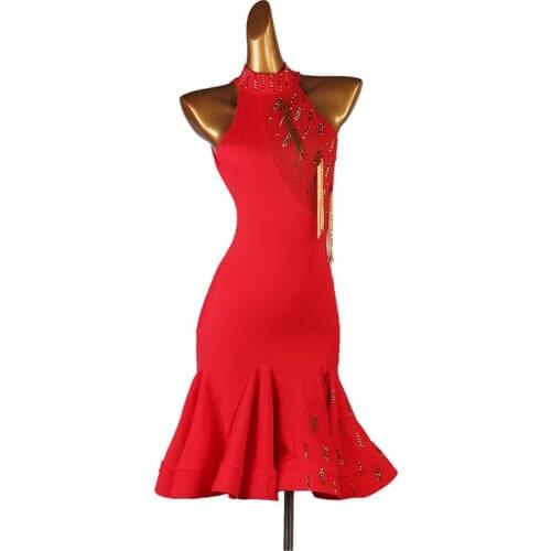 New Latin Dance Dress Latin Skirt Competition Dress Costumes Performing Dress Sparkly Rhinestones Customize Adult Kids Black Red