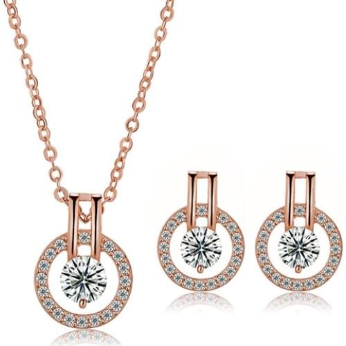Women\s Zircon Round Pendent Choker Chain Necklace Earrings Wedding Jewelry Set