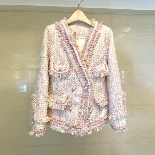 High Quality 2020 Spring Women Long Sleeve Pearl Button Sexy V-neck Woven Tweed Jacket Coat