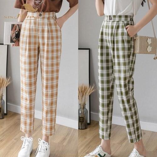 SISHION 2021 Spring Autumn British Plaid Pants Women pantalon femme VD1317 Vintage Trousers harem pants woman clothes