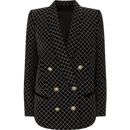 HIGH STREET 2020 Newest Designer Blazer Womens Lion Buttons Shawl Collar Classic Plaid Glitter Embellished Velvet Blazer Jacket