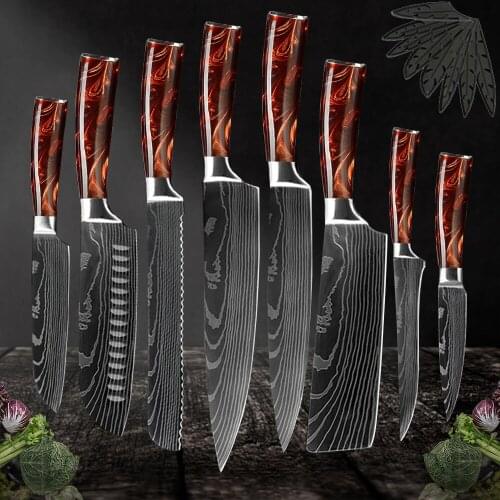 1-8 PCS Kitchen Knives Stainless Steel Laser Damascus Pattern Chef Santoku Cleaver Slicing Utility Gyuto Boning Knife Tool