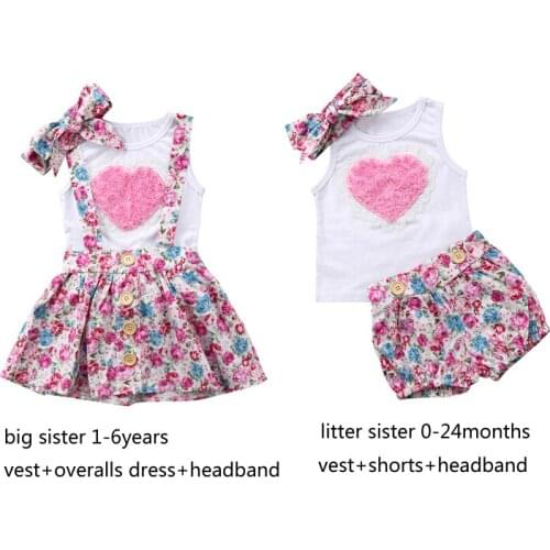 Newborn Infant Baby Girls Cute Fashion Sister Family Matching Outfits Cotton Sleeveless Floral Print Shirt Tops Headband 3PCS