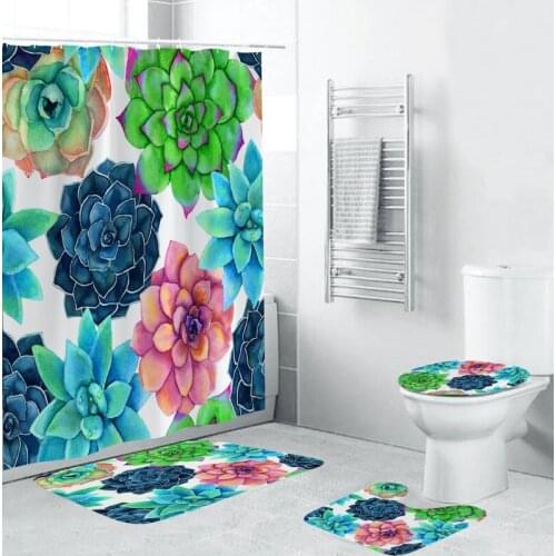 4PCS Polyester Creativesucculent Design Non-Slip Toilet Lid And Carpet Bathroom Lid Decorative waterproof WC
