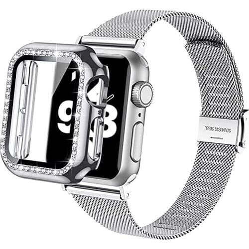Bling Protective Case For Apple Watch 6 SE Band 44mm 40mm Mesh Slim Loop Strap For Applewatch 3 42mm 38mm iWatch 5 4 Watchbands