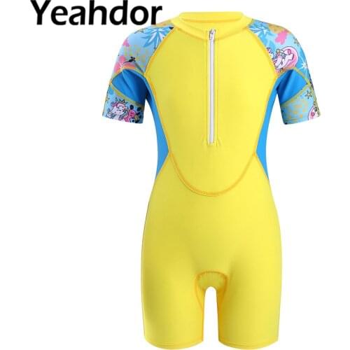 Kids Girls One-piece Summer Swimwear Stand Collar Short Sleeves Front Zipper Closure Shorts Jumpsuit Beach Swimwear Bathing Suit