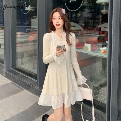 Elegant Sweater Dress Women Long Sleeve V-neck Office Knitted Dress Female Vintage Lace One-piece Dress Korea 2020 Autumn Winter