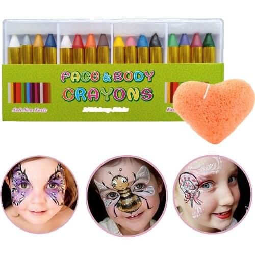 16Colors Non-toxic Face Body Painting Crayon Sticks Pen Kit with Cleansing Sponge Toy for Kids Children Makeup Party Supplies