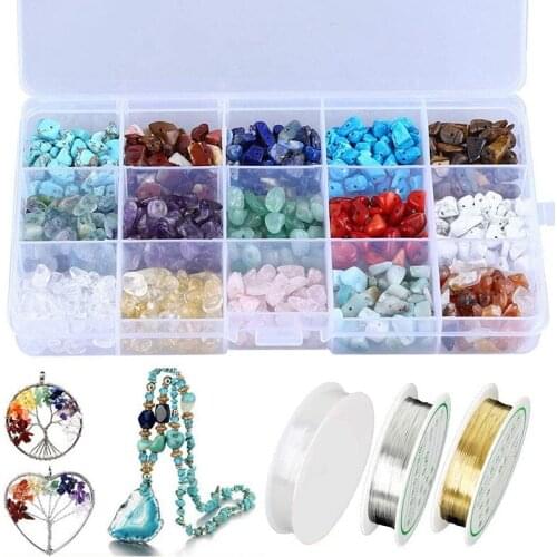 Natural Crystal Chips Irregular Stone Beads Kit with Metal Beading Wire and Elastic String for Jewelry Making Crafts