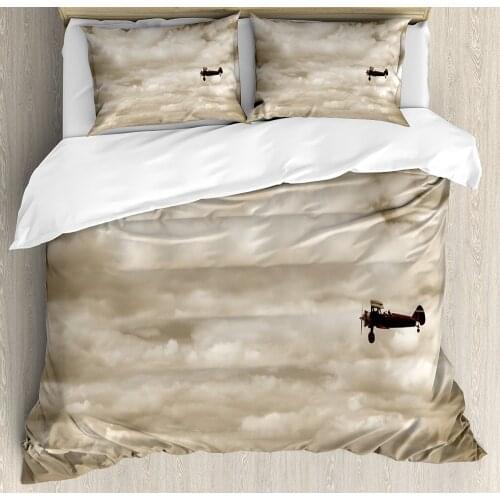 Vintage Airplane Decor Duvet Cover Set Dramatic Cloudy Sky Aviation Flyby Military Obsolete Decorative 4 Piece Bedding Set