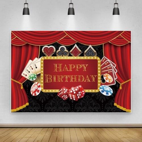 Laeacco Happy Birthday Stage Red Curtain Pokers Sieve Photography Backdrops For Baby Portrait Photography Backgrounds Photozone