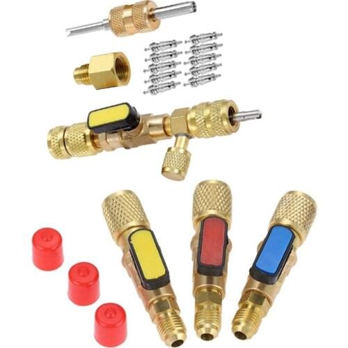 1 Set Brass R410A Refrigerant Straight Ball Valves SAE Valve & 1 Set R410A R22 Valve Core Remover Installer Tool CNIM Hot