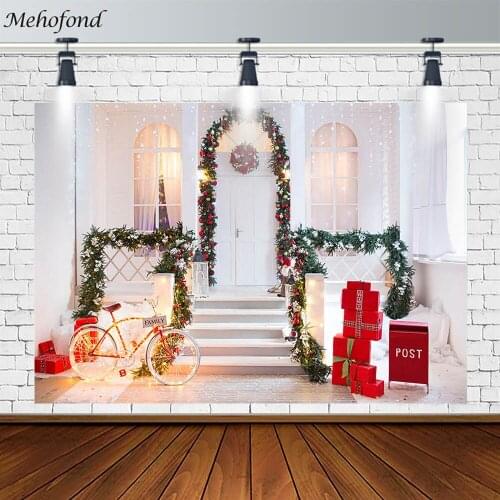 Mehofond Merry Christmas Backdrop Red Gift Post Glowing Bike Floral Decor Photography Background Photo Studio Banner Photozone