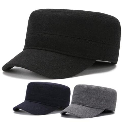Mens autumn and winter woolen flat top hat outdoor leisure military cap winter thickened warm plus size peaked cap
