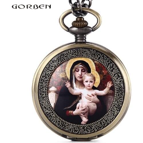 Retro Virgin Mary Holding A Baby Quartz Pocket Watch Christian Gods Son Jesus Roman Numerals Fob Watch Chain Necklace Women Men