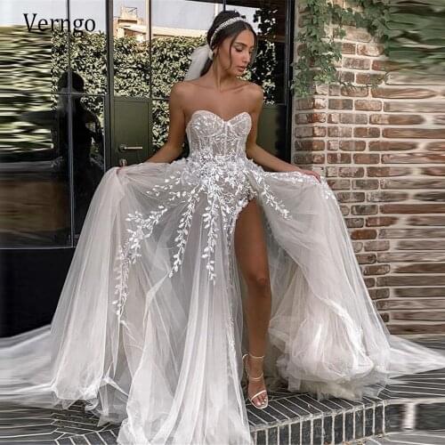 Verngo Sexy Berta Wedding Dress Beach 2021 Sweetheart Lace Applique Beads Shiny Side Slit Modern Bridal Gowns
