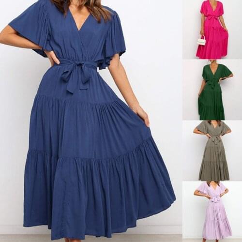 Summer Short Sleeve Dress Women New Spring V Neck Cross Belt Tunic Solid Color Fashion Casual Midi Length Dresses