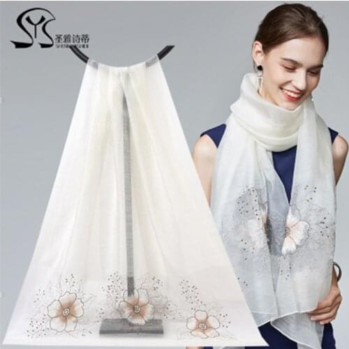 Silk wool scarf silk handmade embroidery flower scarf wool scarf blended ladies shawl Hijab Veil 2020 spring and summer