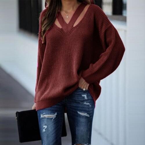 2020 Autumn Winter Womens Fashion Casual Hollow Out Solid Color V-Neck Long Sleeve Loose Sweaters Knitwear Pullovers Plus Size