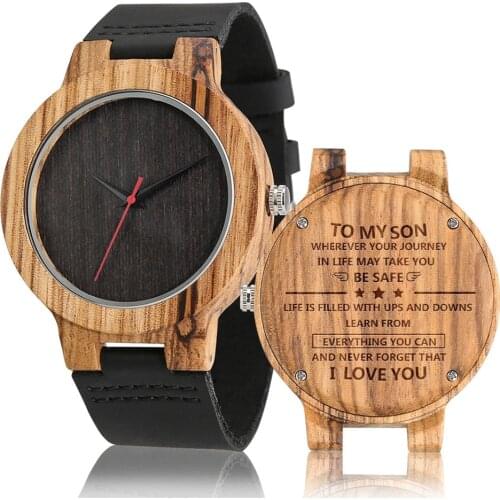 To My Son Men Engraved Wood Watch Quartz Leather Wristwatch Personalized Text Carving Male Casual Wooden Timepiece Family Gifts