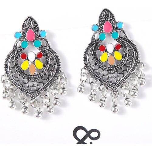 Vintage Ethnic Multicolor Enamel Heart Drop Earrings For Women Indian Style Trendy Round Ball Beaded Dangle Earring Jewelry Gift