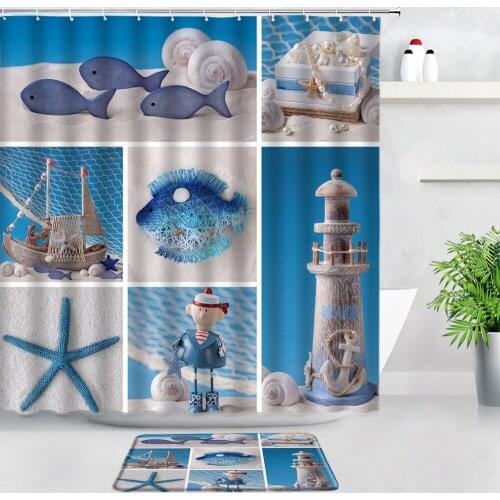 Conch Sea Star Beach Waterproof Shower Curtain Flannel Bath Mat Set Cartoon Children Bathroom Decor Carpet Non-slip Rug Door Pad