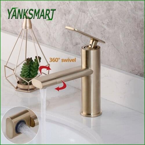 YANKSAMRT Bathroom Faucets 360 Swivel Spout Brushed Gold Faucet Deck Mounted Basin Sink Waterfall Tap Cold And Hot Mixer Tap