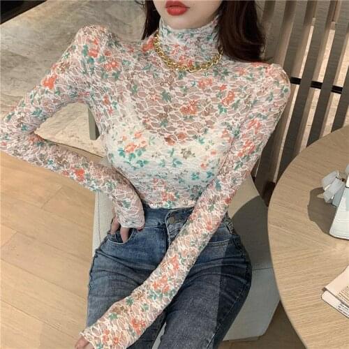 Blouse Women Womens Turtleneck Long-Sleeved T-shirt Mesh Lace Top Blusas Mujer De Moda