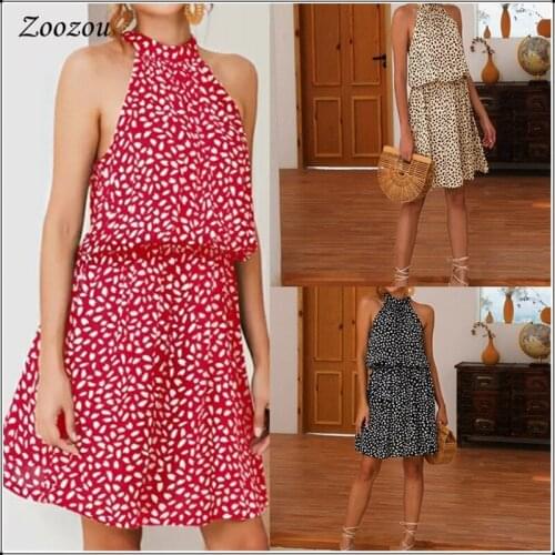 2020 Summer Women Bohemian Solid Print Dresses Sleeveless Halter Neck Open Shoulder Casual Holiday Party Mini Dress New Arrivals