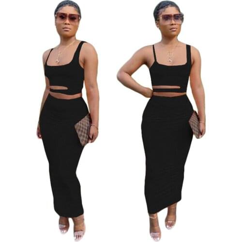 New European and American Fashion Womens Solid Color Hollow Casual Home-style Skirt Suit Two-piece Suit