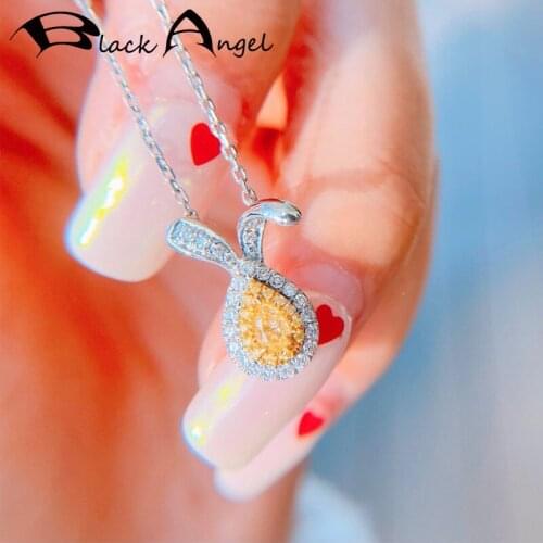 BLACK ANGEL Ladies 925 Silver Rabbit Necklace Canary Yellow Gemstone Cute Bunny Pendant Choker For Women Wedding Jewelry Gift