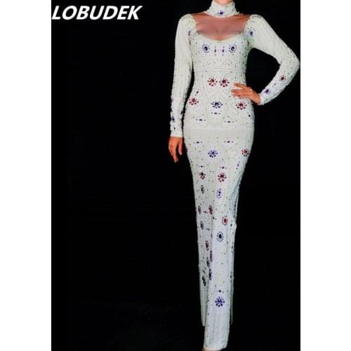 Women Sexy White Pearl Colorful Rhinestones Skinny Long Dress Luxurious Outfit Prom Party Singer Nightclub Catwalk Stage Costume